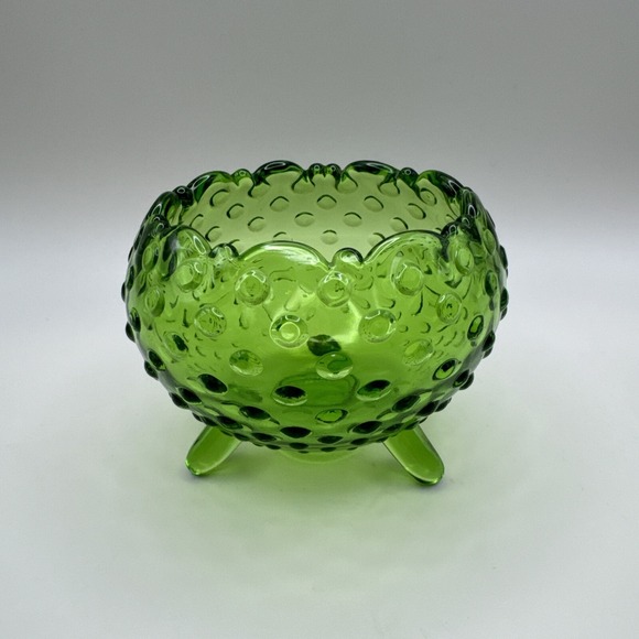 Vintage Mid Century LE Smith Glass Green Hobnail Rose Bowl Dish Vase 3 Footed‎ - Picture 3 of 6